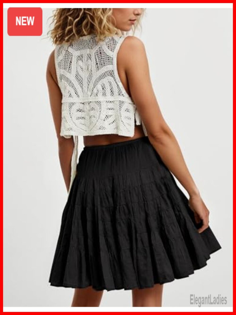 Womens Tiered Boho Pleated Drawstring Waist Knee Length Flowy Midi Skirt - Picture 3 of 3